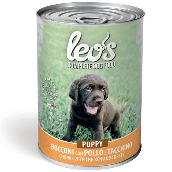 Leo's Bocconi cachorro lata con Pollo y Pavo 415g