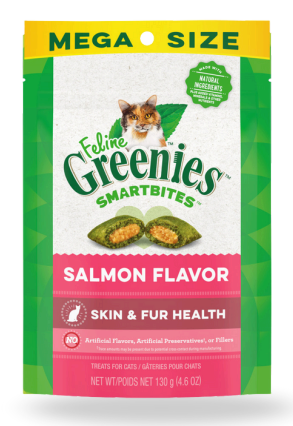 Feline Greenies golosinas crujientes y suaves para piel y pelo gatos adultos sabor salmon